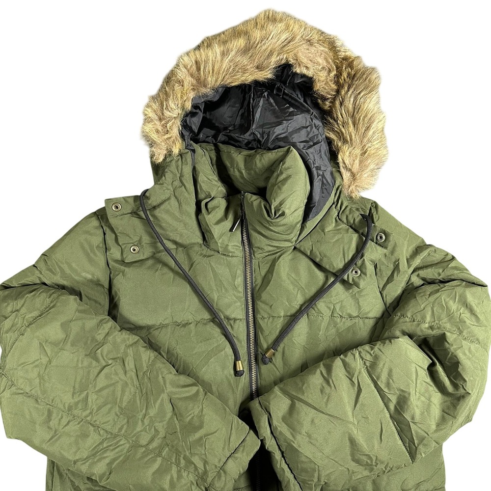 Old Navy Womens Olive Green Puffer Parka Faux Fur Trim Hooded Jacket Medium‎